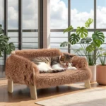 Podniesione legowisko-sofa dla kota na drewnianych nóżkach